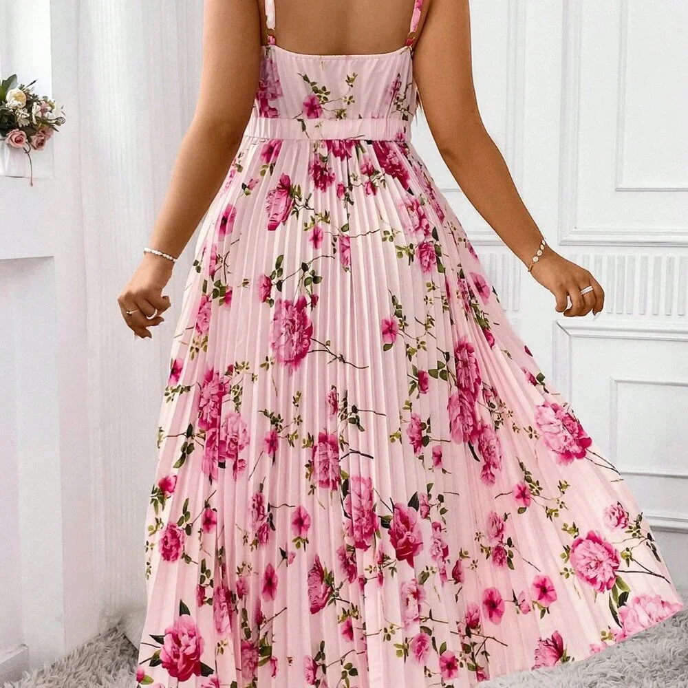 Pink Boho Women's Plus Size Floral Printed Pleated Sleeveless Cami Dress Outfit - Picture 3 of 7